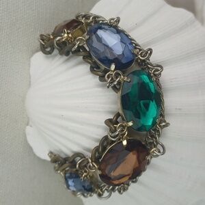 Rustic Edgy Mixed Metal Multifaceted Multi-Color Jeweled Chunky Chain Bracelet